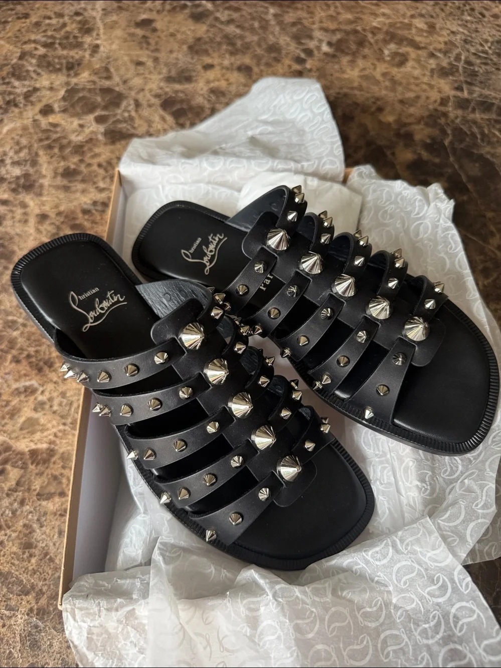 Christian Louboutin charja flat black leather silver spike sandals sz 38.5